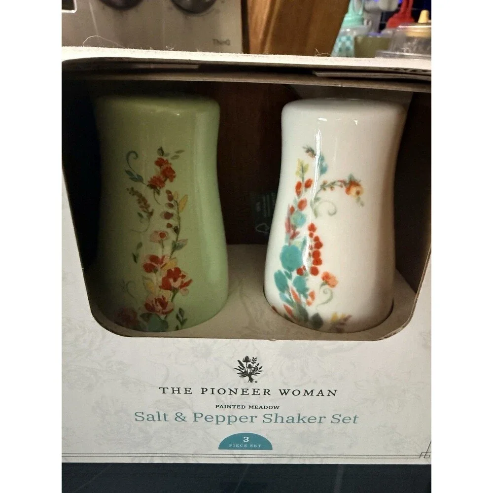 Pioneer Woman ~  Three (3) Piece ~ PAINTED MEADOW ~ Salt & Pepper Shakers w/Tray